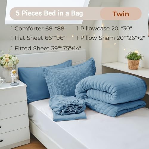 MUXHOMO 5 Pieces Twin Comforter Set, Seersucker Bed in a Bag Twin Size - Image 4