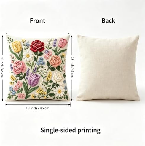 2D Flat Tulip Daisy Floral Bouquet Linen Throw Pillow Covers 18x18 Set of 2 - Image 2