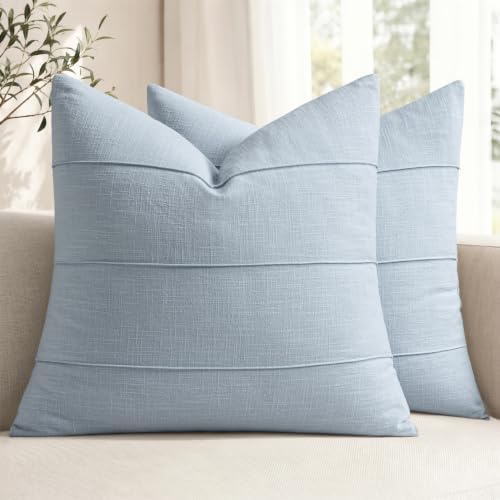 MIULEE Decorative Linen Throw Pillow Covers 20x20 Light Blue Striped by MIULEE