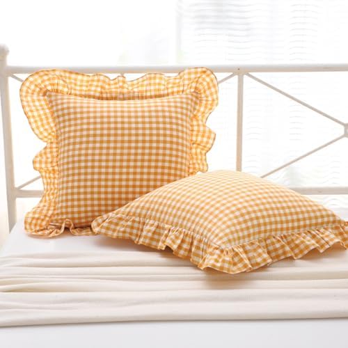 Mywinlle Mustard Yellow Gingham Ruffle Throw Pillow Covers 20"x20" by Mywinlle