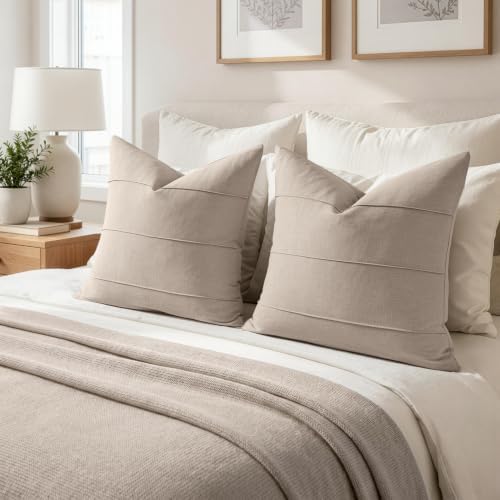 MIULEE Euro Decorative Linen Throw Pillow Covers 22x22 Natural Striped - Image 2