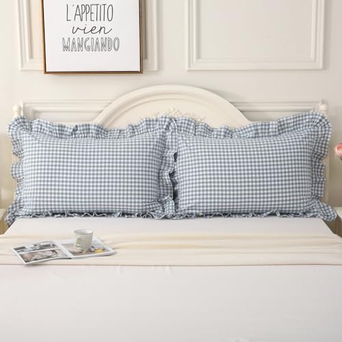 Mywinlle Blue Gingham Ruffle Pillow Covers Queen Size Set of 2 - Image 3