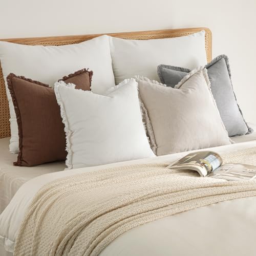 MIULEE Fall Linen Fringe Pillow Covers Set of 4 18x18 Beige/Brown/Grey - Image 5
