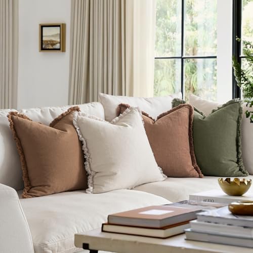 MIULEE Fall Linen Fringe Pillow Covers Set of 4 20x20 Beige/Brown/Green - Image 3
