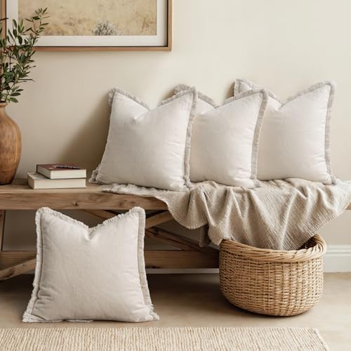 MIULEE Fall Linen Fringe Pillow Covers Set of 4 18x18 Neutral Beige - Image 2