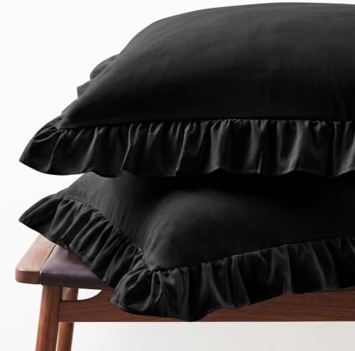 Set of 2 Brushed Microfiber Ruffle Pillow Cases Queen Size Black by FMLIUY