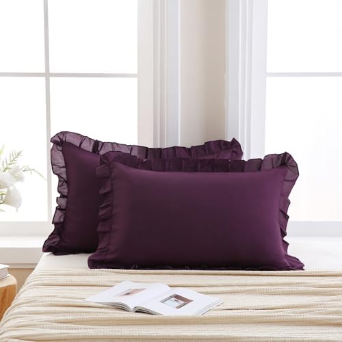 Merryword Dark Purple Pillow Shams Purple Ruffle Standard Pillowcases Cute - Image 2