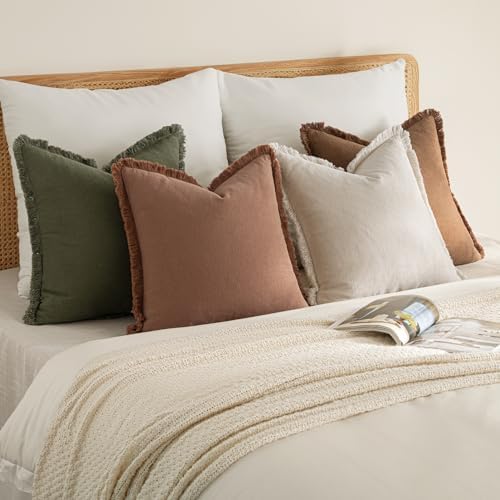 MIULEE Fall Linen Fringe Pillow Covers Set of 4 20x20 Beige/Brown/Green - Image 5