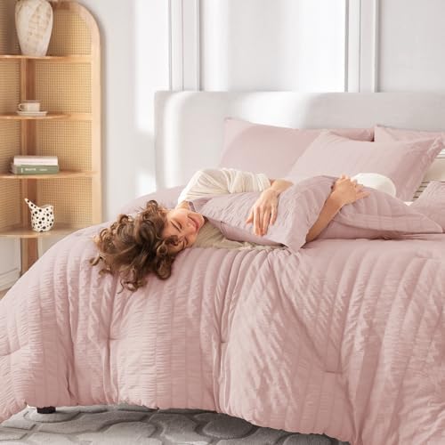 MUXHOMO 7 Pieces Oversized King Comforter Set, Seersucker Bed in a Bag - Image 6