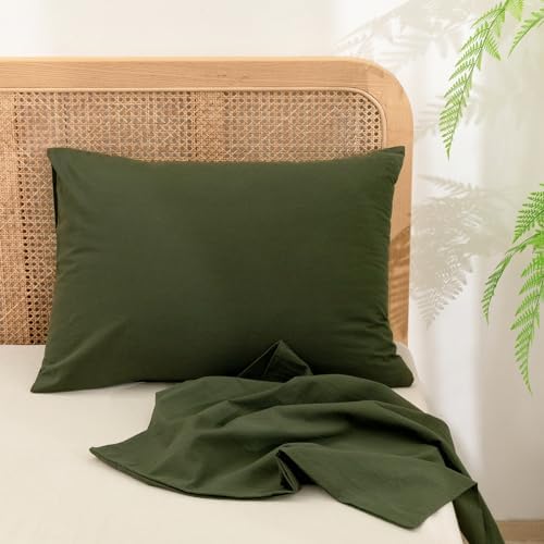 BESTOUCH Washed Cotton Pillowcases Linen Feel Olive Green 14 X 40 inch - Image 2