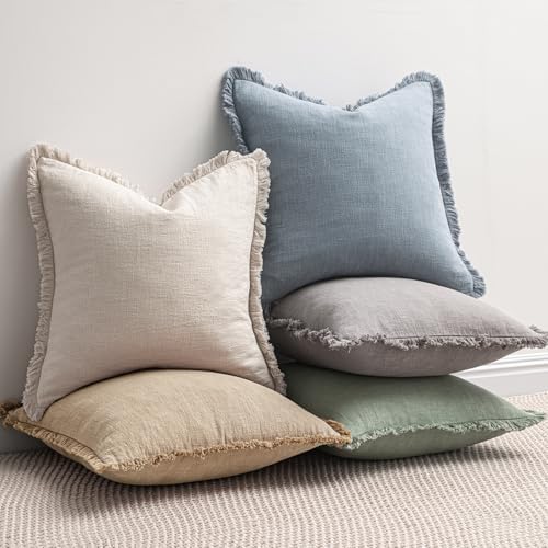 MIULEE Boho Linen Fringe Decorative Throw Pillow Covers Light Blue 20x20 - Image 5