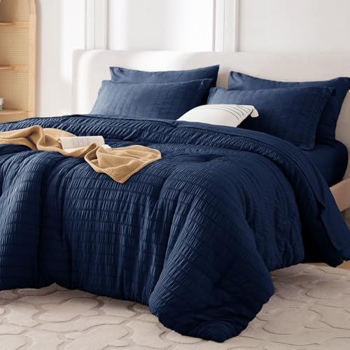 MUXHOMO 7 Pieces Oversized Queen Comforter Set, Seersucker Bed in a Bag by MUXHOMO