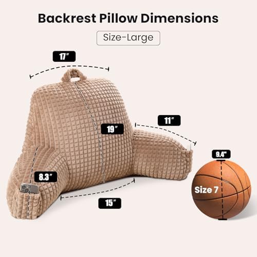 Reading Pillow with Arms for Bed Sitting, Khaki Flannel - Image 3