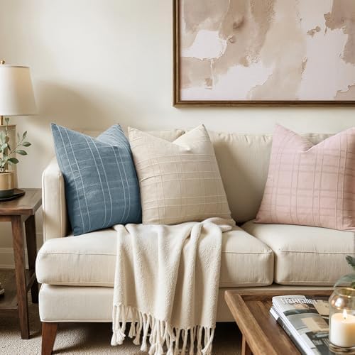 MIULEE Linen Plaid Pillow Covers Decorative 20x20 Light Pink - Image 3