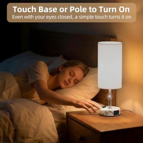 Table Lamp, Dimmable Touch, AC Outlet, USB A+C (White&Marble) - Image 4