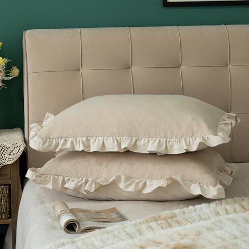 Pillow Shams Set of 2 Pure Cotton Champray Ruffled Edge, Thick and Solid Washed - Image 3