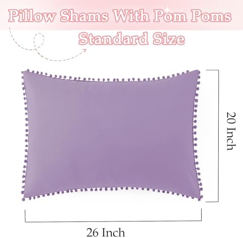 Pom Poms Pillow Shams Standard Size Set of 2, Light Purple Decorative - Image 3