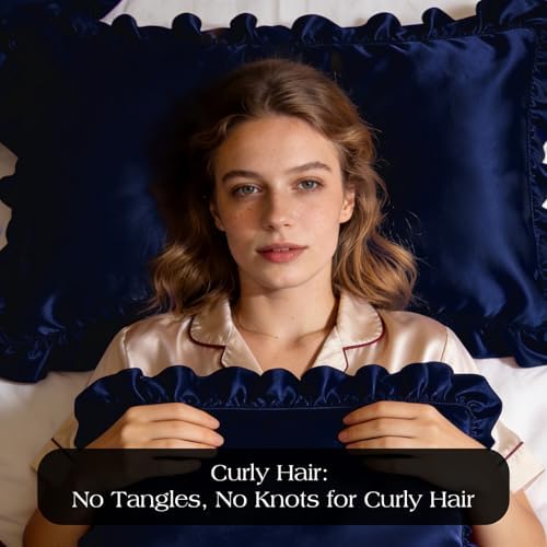 2 Pack Ruffle Satin Pillowcases King Size 20"x36" Navy Blue - Image 3