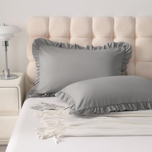 Ruffled Standard Pillow Shams, 2 Pack, 20x26 Inches, Smoke Grey - Image 2