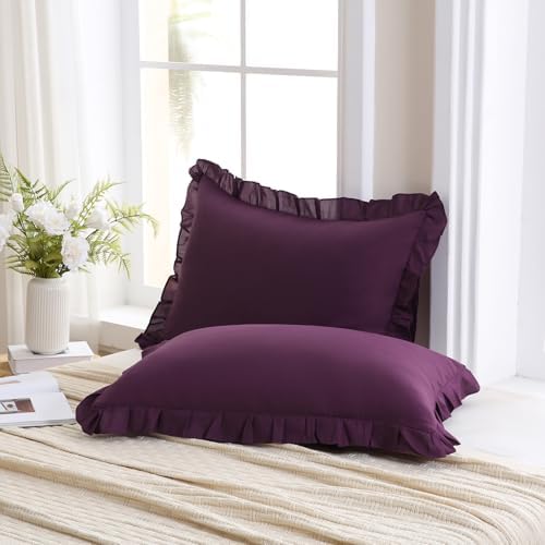 Merryword Dark Purple Pillow Shams Purple Ruffle Standard Pillowcases Cute - Image 4