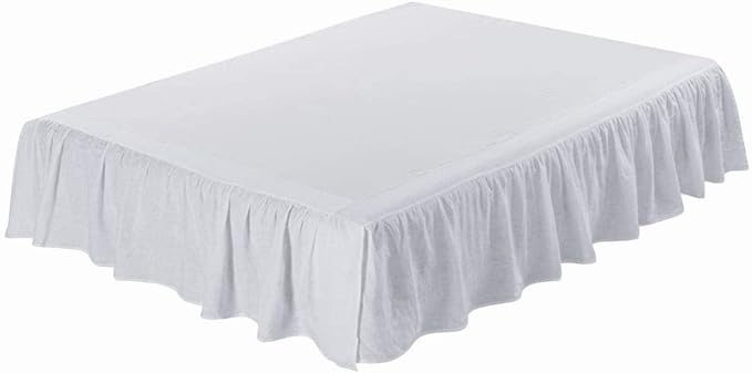 meadow park Washed French Linen Bed Skirt, Dust Ruffle, Queen Size 60" W x 80" L, Drop 16", Super Soft, Ruffle Style, White Color