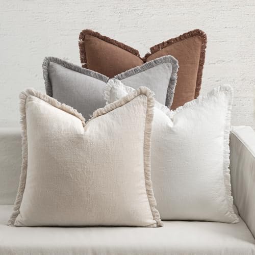 MIULEE Fall Linen Fringe Pillow Covers Set of 4 18x18 Beige/Brown/Grey by MIULEE