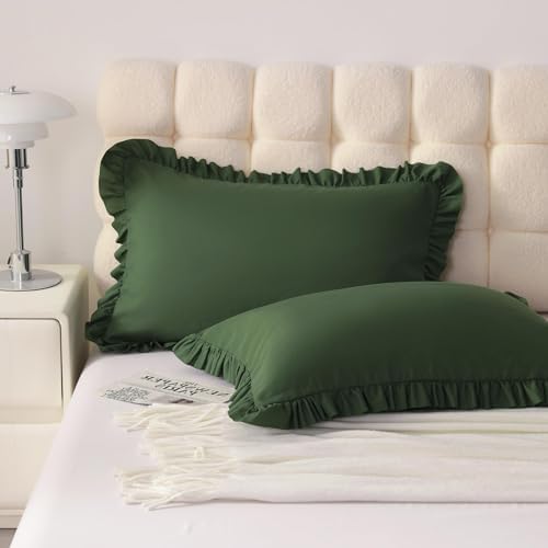 Ruffled Standard Pillow Shams, 2 Pack, 20x26 Inches, Olive Green - Image 2