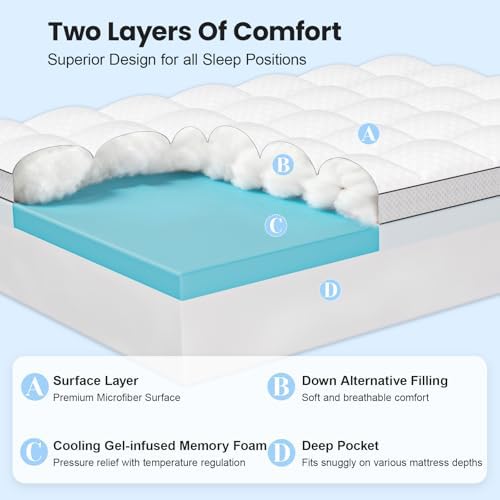 King Size Dual Layer 4 Inch Memory Foam Mattress Topper, 2 Inch Gel Memory Foam - Image 2