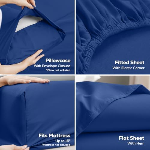 Queen Sheets Set, 4 Pieces 16" Deep Pocket Hotel Luxury Sheets, Royal Blue - Image 3