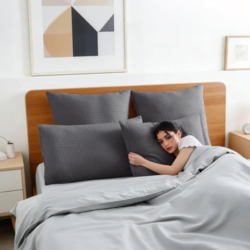 100% Cotton Waffle Weave Throw Pillow Covers Set of 2, Dark Grey - Image 5