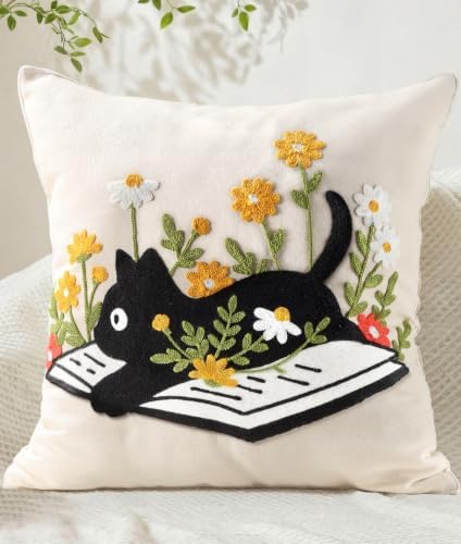 Animal Embroidered Throw Pillow Cover 20x20 Inch, Cat Floral by Kokaaee