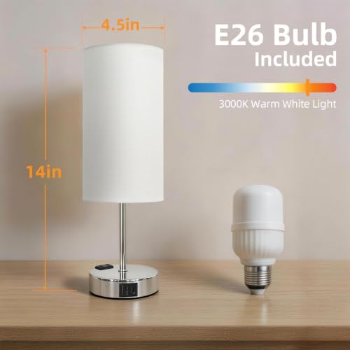 Table Lamp, Dimmable Touch, AC Outlet, USB A+C (White&Silver) - Image 7
