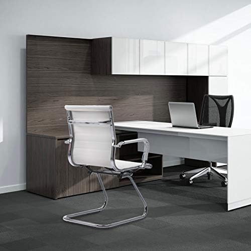 Wahson Office Guest Chairs Set of 2, Leather Reception Chairs, Mid Back Waiting Room Chair, Conference Chairs with Sled Base, Desk Chair No Wheels for Meeting/Lobby/Restroom, White