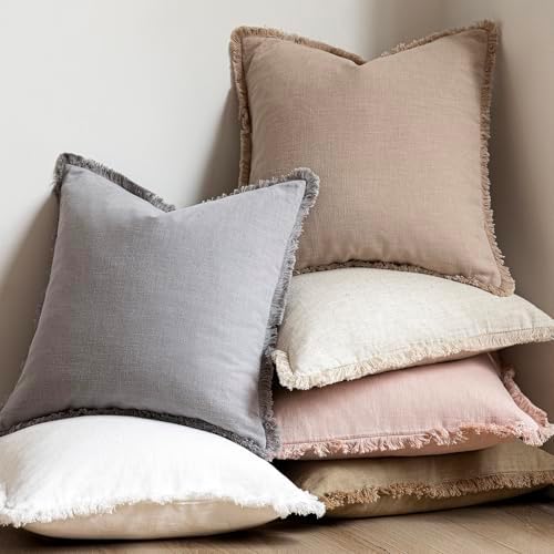Foindtower Decorative Linen Fringe Throw Pillow Covers 22×22 Inch, Tan Beige - Image 6