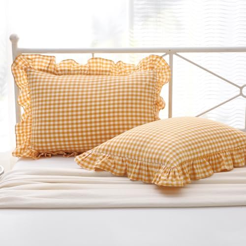 Mywinlle Mustard Yellow Gingham Ruffle Pillow Shams Standard Size Set of 2 by Mywinlle