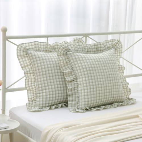 Mywinlle Muted Sage Green Gingham Ruffle Euro Shams - Image 7