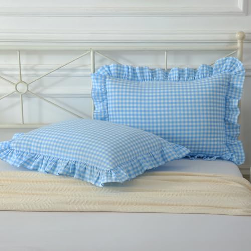 Mywinlle Vintage Sky Blue Plaid Ruffle Pillow Shams Standard Size Set of 2 - Image 2
