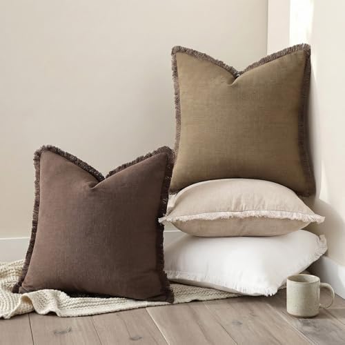 decorUhome Linen Fringe Chocolate Throw Pillow Covers 18x18 Set of 2 - Image 5
