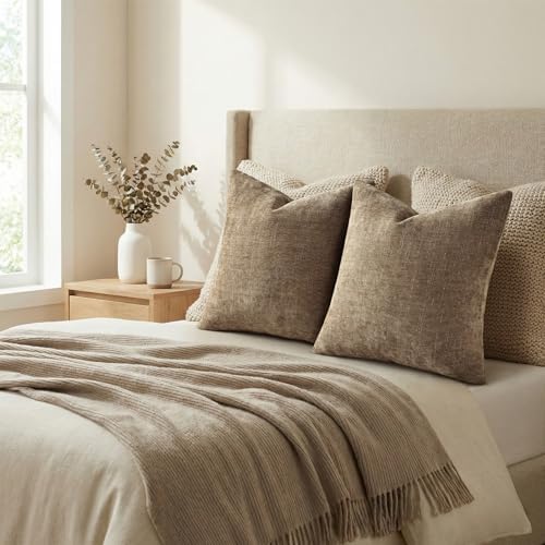 decorUhome Chenille Throw Pillow Covers 24x24 Set of 2, Light Taupe - Image 7