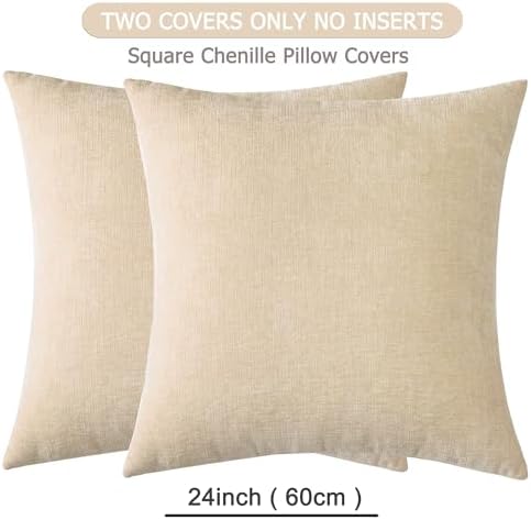 GAWAMAY Beige Chenille Throw Pillow Covers 24x24 Set of 2 - Image 2