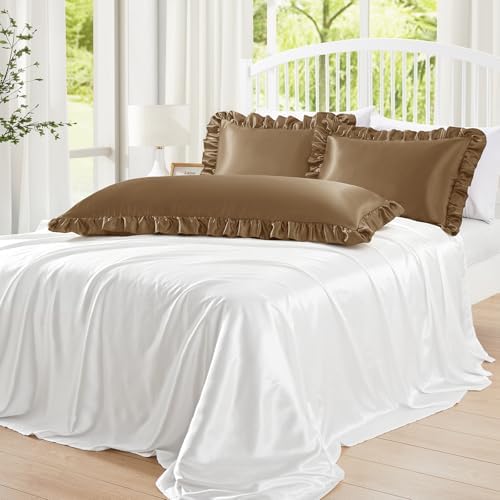 Homiest Camel Brown Ruffle Satin Pillowcase Set of 2 - Image 4