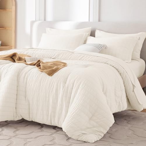 MUXHOMO 7 Pieces Oversized Queen Comforter Set, Seersucker Bed in a Bag by MUXHOMO