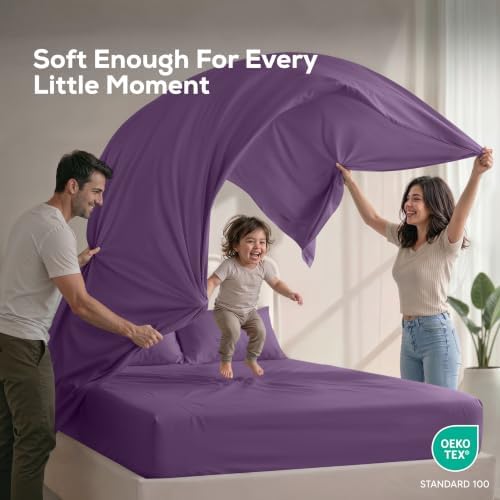 Queen Sheets Set, 4 Pieces 16" Deep Pocket Hotel Luxury Sheets, Egg Plant - Image 5
