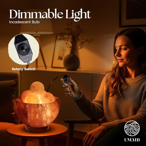 UMAID Himalayan Salt Lamp Bowl with 6 Himalayan Salt Massage Stones, Dimmable Pink Rock Salt Lamp for Bedroom, Office Desk & Meditation Room, Spa Decor, Relaxation Home Decor Gifts for Men & Women - Image 3