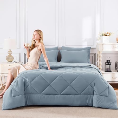 CozyLux California King Comforter Set 104"x96", 7 Piece, Dusty Blue - Image 7