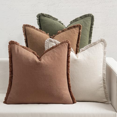 MIULEE Fall Linen Fringe Pillow Covers Set of 4 24x24 Beige/Brown/Green by MIULEE