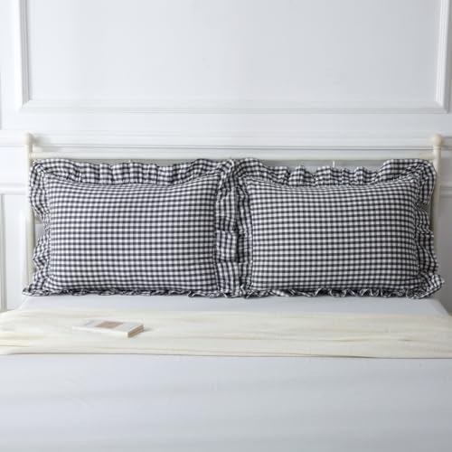 Mywinlle Black/White Plaid Gingham Ruffle Pillow Shams Queen Size 20"x30" - Image 7