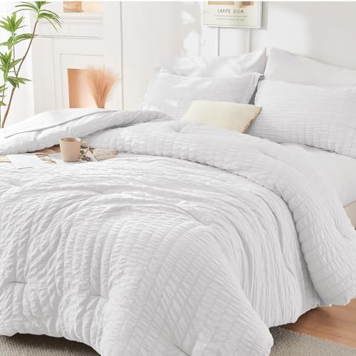 HYMOKEGE White King Size Comforter Set Seersucker 7 Pieces, All Season Luxury by HYMOKEGE