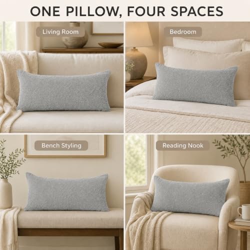 JoraLion 14x24 inch Boucle Lumbar Pillow Cover, Light Gray Woven Texture - Image 3
