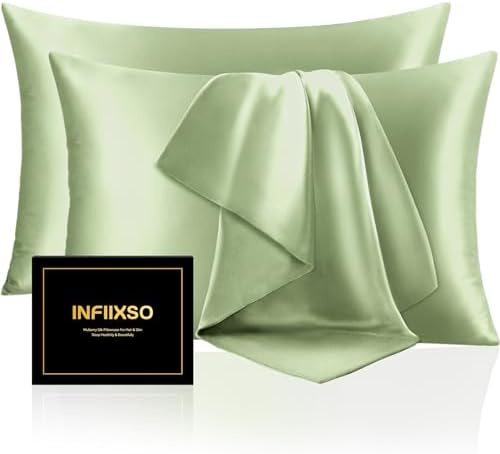 INFIIXSO Silk Pillow Cases 2 Pack, Standard Size, Hidden Zipper, Sage Green by INFIIXSO